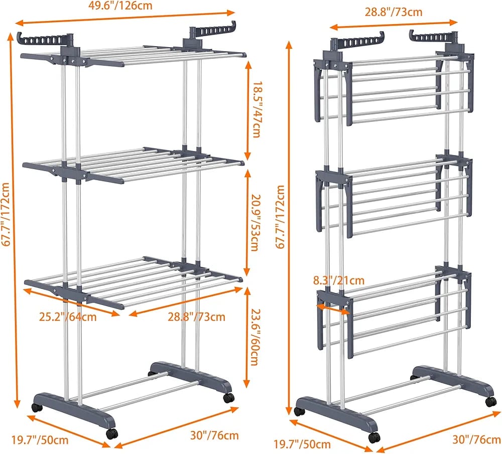 HOMIDEC 4-Tier Foldable Clothes Drying Rack – Oversized Stainless Steel Rack with Wheels, 24 Poles & 14 Hooks (Grey)