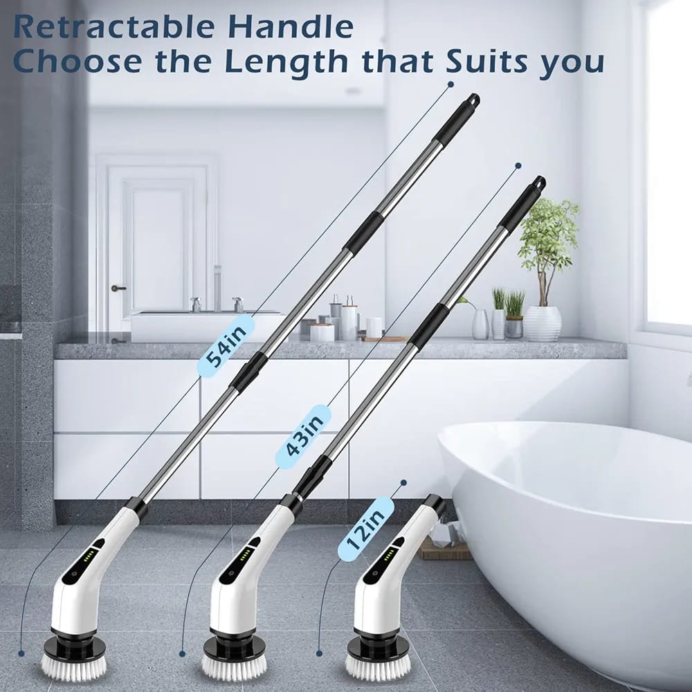 Bomves Cordless Electric Spin Scrubber – 8 Brush Heads, 90 Min Runtime, 3-Length Handle, 2 Speeds for Bathroom, Kitchen & Car