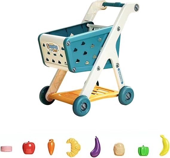 AM ANNA Kids Shopping Cart Trolley Play Set with Pretend Food and Accessories,Toy Shopping Cart Trolley for Kids Baby with Play Foods, Grocery Playing Pretend Games