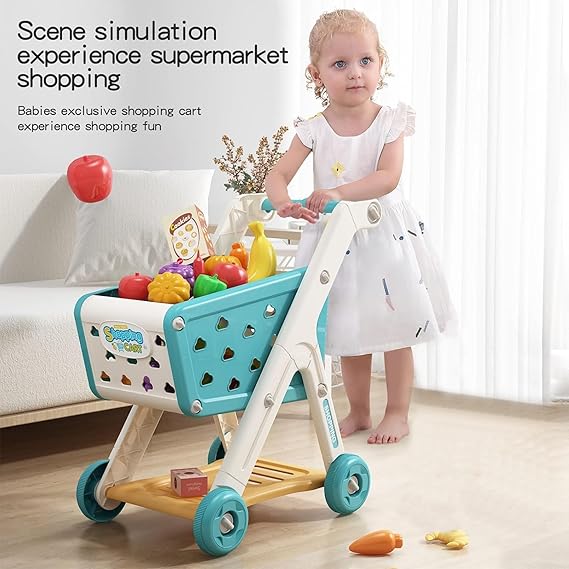 AM ANNA Kids Shopping Cart Trolley Play Set with Pretend Food and Accessories,Toy Shopping Cart Trolley for Kids Baby with Play Foods, Grocery Playing Pretend Games
